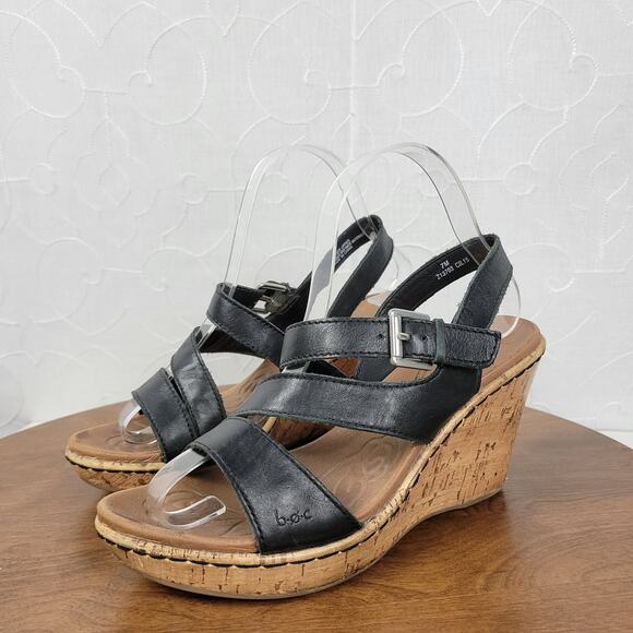 B.O.C Womens Schirra Sandals‎ 7 Black Leather Cork Wedge Sling Back Buckle Strap - Picture 4 of 14